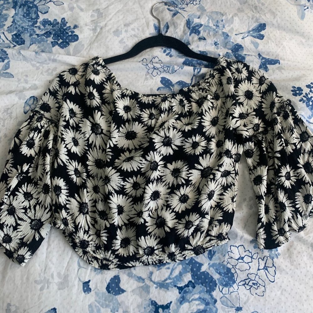 Cropped Black and White Sunflower Top